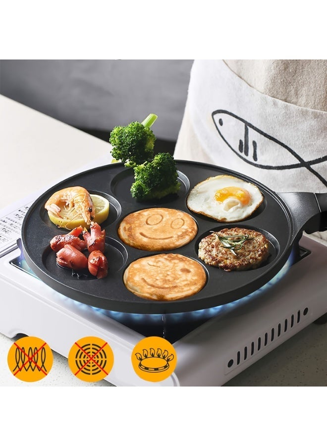 مقلاة غير لاصقة بسبعة ثقوب، مثالية لتحضير الفطائر والبيض واللحوم والخضراوات. تصميم مرح وجذاب، مناسبة لوجبات العائلة. مزودة بمقبض مقاوم للحرارة، لون أسود. - Image 2